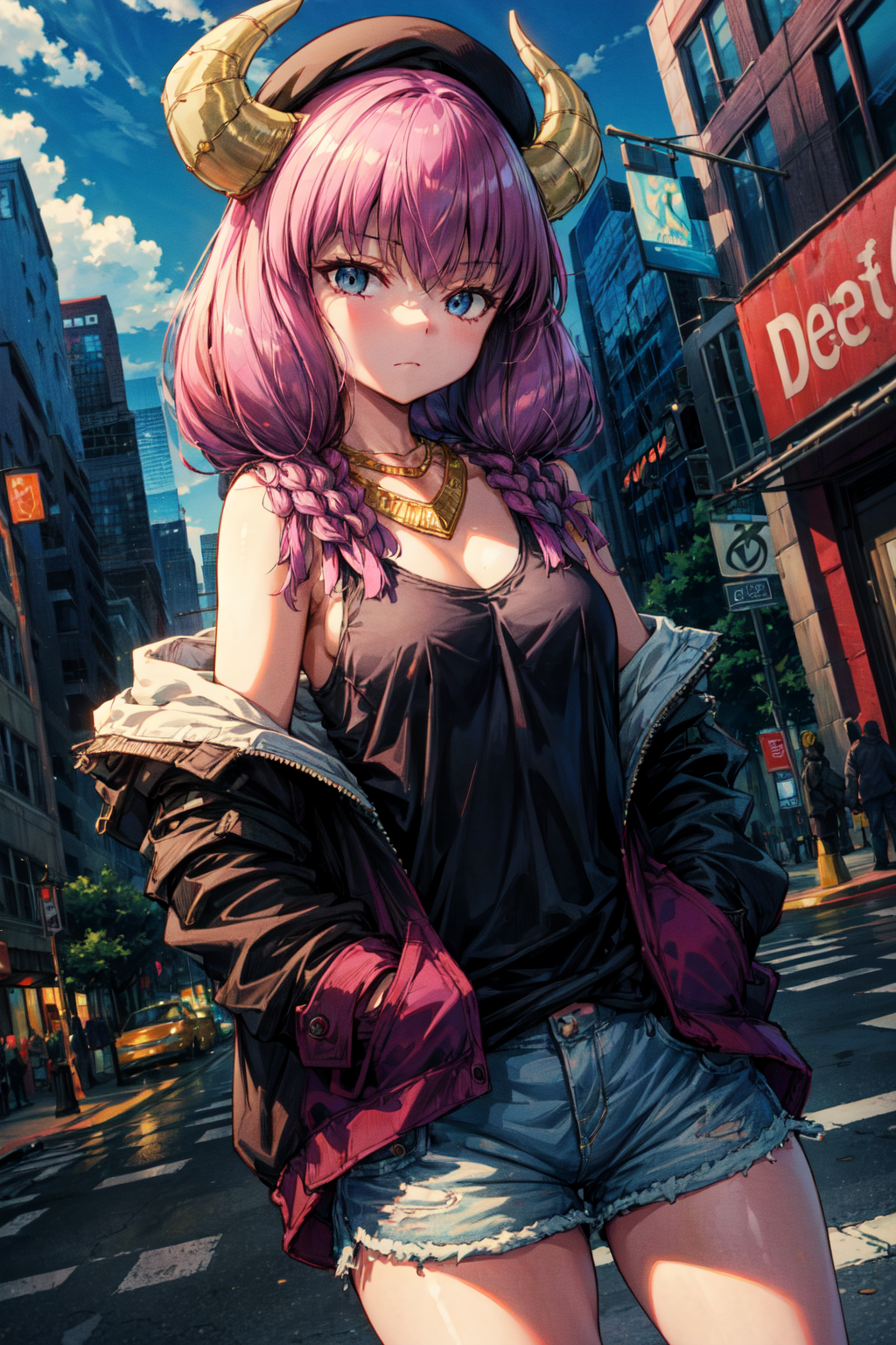 01094-2428250751-masterpiece,best quality,1girl,AuraFrieren,horns,twin braids,necklace,beret,black jacket,open jacket,domino mask,denim shorts,pi.png